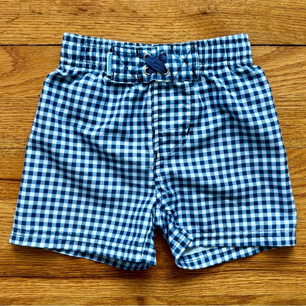 Rugged Butts Navy Blue Gingham Swim Trunks Size 18-24 Month